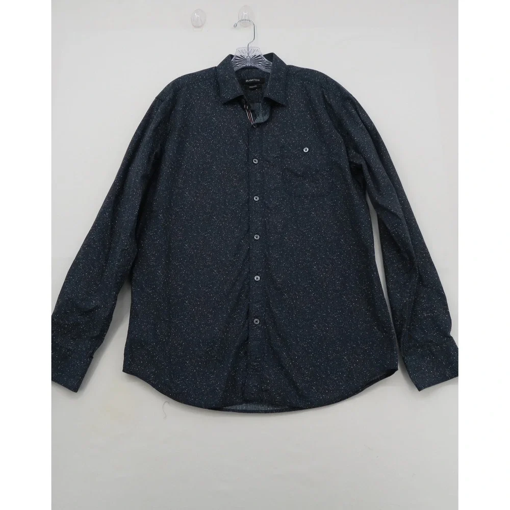 Bugatchi Mens‎ Shaped Fit Long Sleeve Button Down Shirt Navy Speckle Print Large